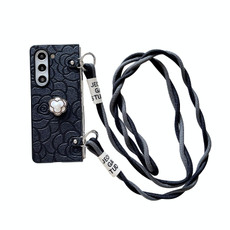 For Samsung Galaxy Z Fold4 5G Impression Camellia Pattern Protective Phone Case with Long Lanyard(Black)