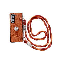 For Samsung Galaxy Z Fold4 5G Impression Camellia Pattern Protective Phone Case with Long Lanyard(Orange)