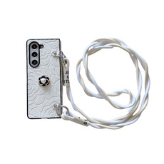 For Samsung Galaxy Z Fold4 5G Impression Camellia Pattern Protective Phone Case with Long Lanyard(White)