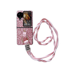 For OPPO Find N3 Flip Impression Camellia Pattern Protective Phone Case with Diamond Ring Long Lanyard(Pink)