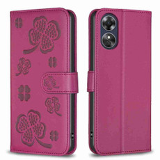 For OPPO A17 Four-leaf Embossed Leather Phone Case(Rose Red)