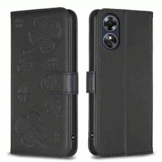 For OPPO A17 Four-leaf Embossed Leather Phone Case(Black)