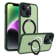 For iPhone 14 Plus MagSafe Holder Skin-feel PC Hybrid TPU Phone Case(Green)