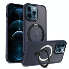For iPhone 12 Pro Max MagSafe Holder Skin-feel PC Hybrid TPU Phone Case(Dark Blue)