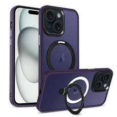 For iPhone 15 Plus MagSafe Holder Skin-feel PC Hybrid TPU Phone Case(Dark Purple)