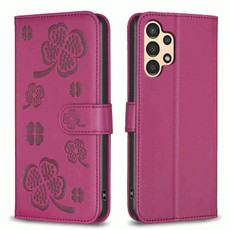 For Samsung Galaxy A13 / A04 4G Four-leaf Embossed Leather Phone Case(Rose Red)