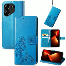 For Tecno Pova 5 4G Four-leaf Clasp Embossed Buckle Leather Phone Case(Blue)