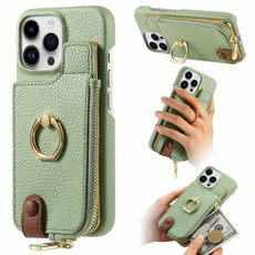 For iPhone 14 Pro Max Litchi Leather Oil Edge Ring Zipper Wallet Back Phone Case(Tea Green)