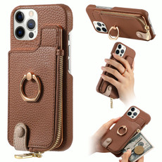 For iPhone 12 Pro Max Litchi Leather Oil Edge Ring Zipper Wallet Back Phone Case(Brown)