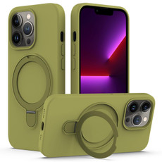 For iPhone 13 Pro MagSafe Magnetic Liquid Silicone Phone Case with Ring Holder(Willow Green)