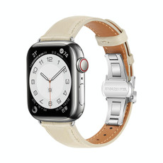 For Apple Watch Series 8 41mm Plain Leather Butterfly Buckle Watch Band(Beige+Silver) For Apple Watch Series 8 41mm Plain Leather Butterfly Buckle Watch Band(Beige+Silver)