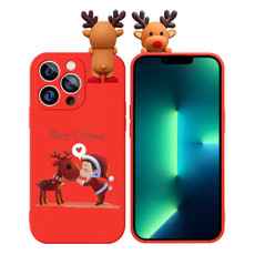 For iPhone 13 Pro Max Colored Drawing Deer Relief Doll Soft TPU Phone Case(Child and Deer)