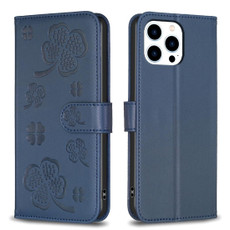 For iPhone 15 Pro Max Four-leaf Embossed Leather Phone Case(Blue)