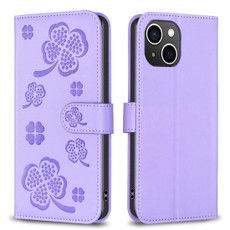 For iPhone 15 Four-leaf Embossed Leather Phone Case(Purple)