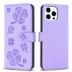 For iPhone 15 Pro Max Four-leaf Embossed Leather Phone Case(Purple)