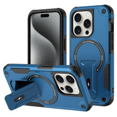 For iPhone 15 Pro MagSafe Holder Armor PC Hybrid TPU Phone Case(Dark Blue)