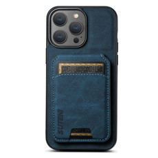 For iPhone 15 Suteni H02 Litchi Leather Card Wallet Stand Back Phone Case(Blue)