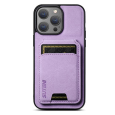 For iPhone 15 Suteni H02 Litchi Leather Card Wallet Stand Back Phone Case(Purple)