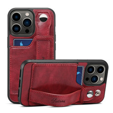 For iPhone 15 Pro SUTENI H12 Wrist Strap Leather Back Phone Case with Card Slot(Red)