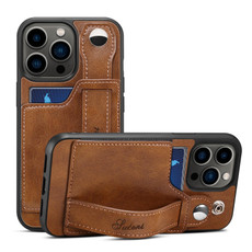 For iPhone 15 Pro SUTENI H12 Wrist Strap Leather Back Phone Case with Card Slot(Brown)