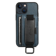 For iPhone 15 Plus Suteni H13 Card Wallet Wrist Strap Holder PU Phone Case(Blue)