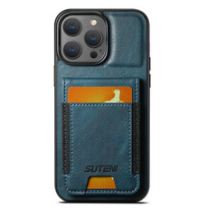 For iPhone 14 Suteni H03 Oil Wax Leather Wallet Stand Back Phone Case(Blue)