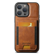 For iPhone 14 Suteni H03 Oil Wax Leather Wallet Stand Back Phone Case(Brown)