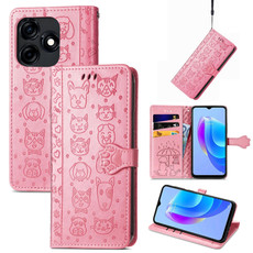 For Tecno Spark 8 Cat and Dog Embossed Leather Phone Case(Pink)