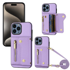 For iPhone 15 Pro Max DF-09 Crossbody Litchi texture Card Bag Design PU Phone Case(Purple)