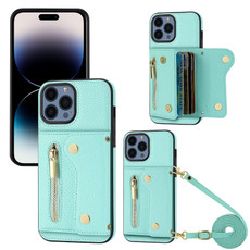 For iPhone 14 Pro DF-09 Crossbody Litchi texture Card Bag Design PU Phone Case(Cyan)