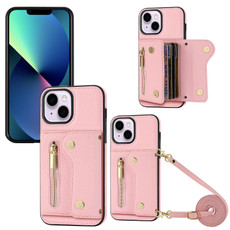 For iPhone 13 DF-09 Crossbody Litchi texture Card Bag Design PU Phone Case(Pink)