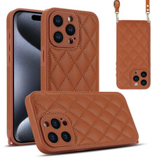 For iPhone 15 Pro Max Rhombic Texture Phone Case with Dual Lanyard(Brown)