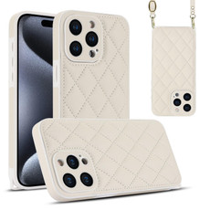 For iPhone 15 Pro Max Rhombic Texture Phone Case with Dual Lanyard(White)