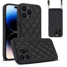 For iPhone 14 Pro Max Rhombic Texture Phone Case with Dual Lanyard(Black)