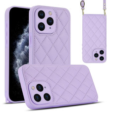 For iPhone 11 Pro Rhombic Texture Phone Case with Dual Lanyard(Purple)