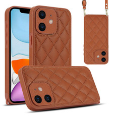 For iPhone 11 Rhombic Texture Phone Case with Dual Lanyard(Brown)