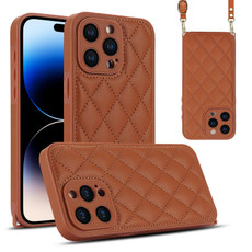 For iPhone 14 Pro Rhombic Texture Phone Case with Dual Lanyard(Brown)