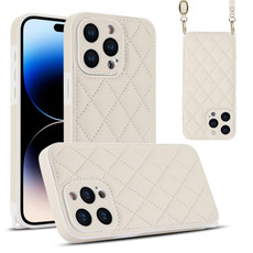 For iPhone 14 Pro Rhombic Texture Phone Case with Dual Lanyard(White)