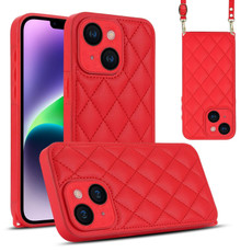 For iPhone 14 Plus Rhombic Texture Phone Case with Dual Lanyard(Red)