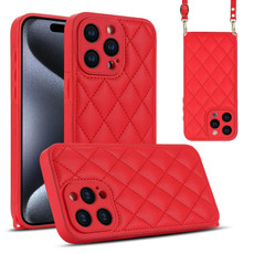 For iPhone 15 Pro Max Rhombic Texture Phone Case with Dual Lanyard(Red)