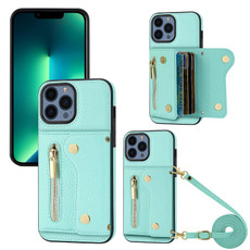 For iPhone 13 Pro Max DF-09 Crossbody Litchi texture Card Bag Design PU Phone Case(Cyan)