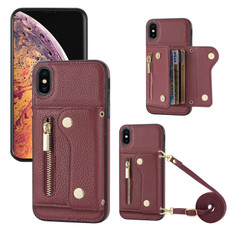 For iPhone X / XS DF-09 Crossbody Litchi texture Card Bag Design PU Phone Case(Wine Red)