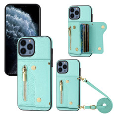 For iPhone 11 Pro DF-09 Crossbody Litchi texture Card Bag Design PU Phone Case(Cyan)