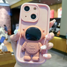 For iPhone 15 Astronaut 3D Relief Holder TPU + PC Full Coverage Phone Case(Pink)