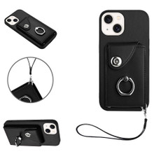 For iPhone 15 Plus Organ Card Bag Ring Holder PU Phone Case with Lanyard(Black)