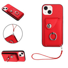 For iPhone 14 Organ Card Bag Ring Holder PU Phone Case with Lanyard(Red)