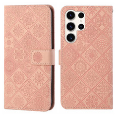 For Samsung Galaxy S24 Ultra 5G Ethnic Style Embossed Pattern Leather Phone Case(Pink)