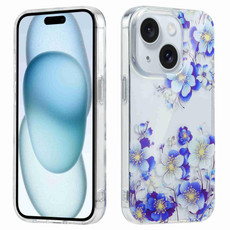 For iPhone 15 Electroplated Symphony Phone Case(White Blue Flower)