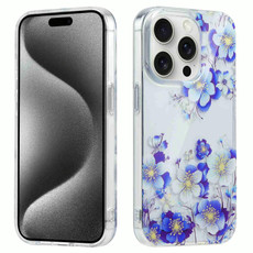 For iPhone 15 Pro Electroplated Symphony Phone Case(White Blue Flower)