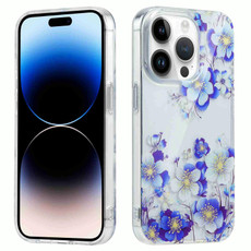 For iPhone 14 Pro Max Electroplated Symphony Phone Case(White Blue Flower)